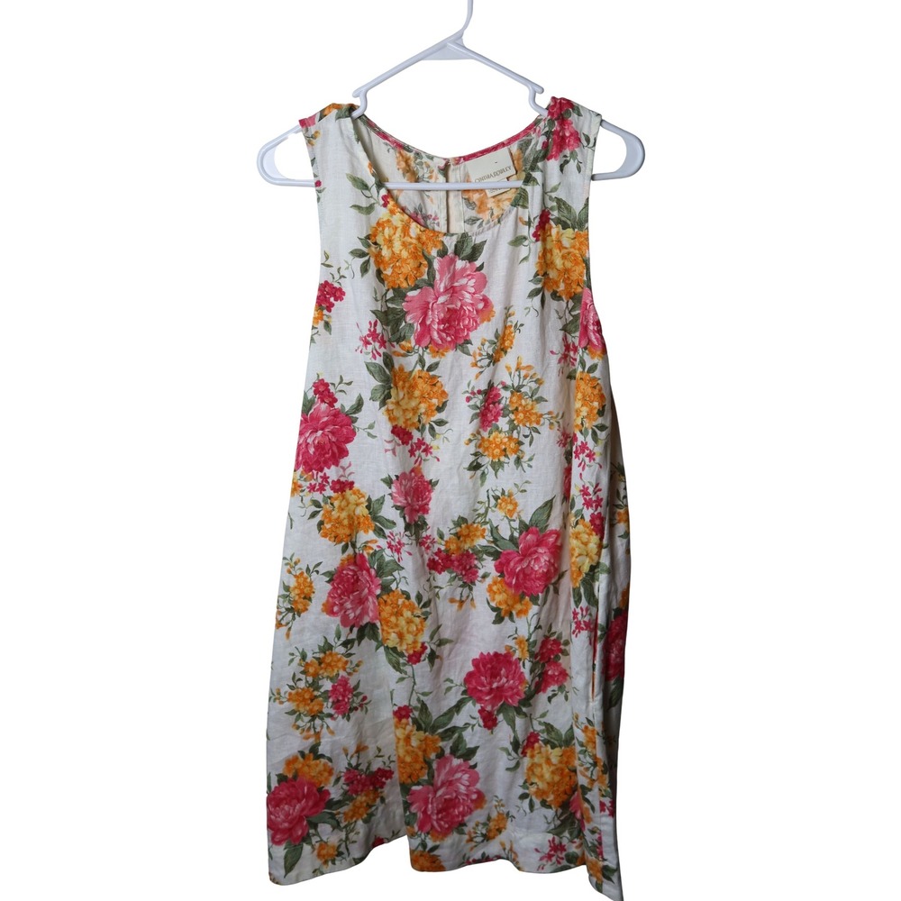 Cynthia Rowley Floral Linen Shift Dress Sleeveless Pink Orange Cream Womens M